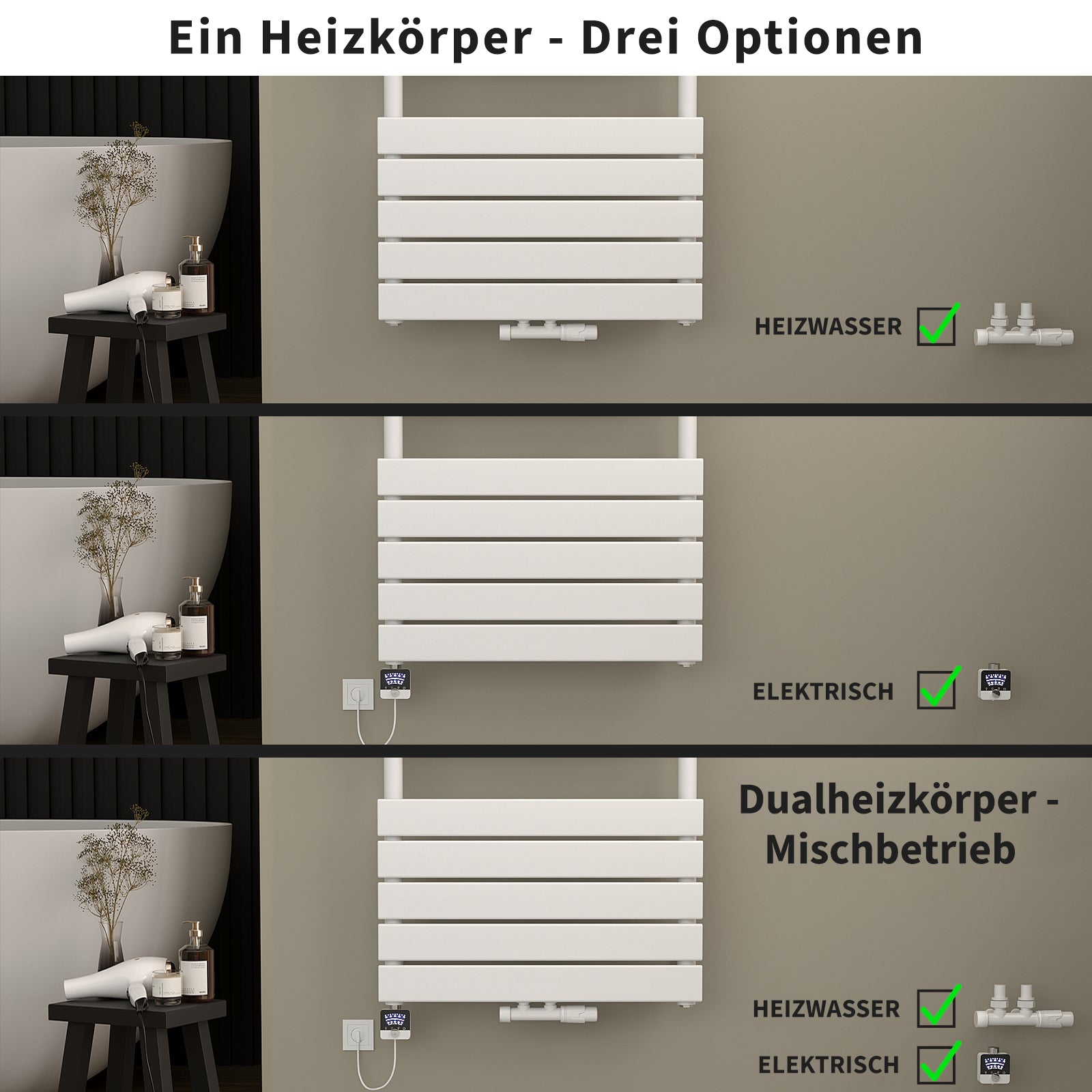 Elektrischer Design-Handtuchheizkörper PLANIS inkl. Heizstab