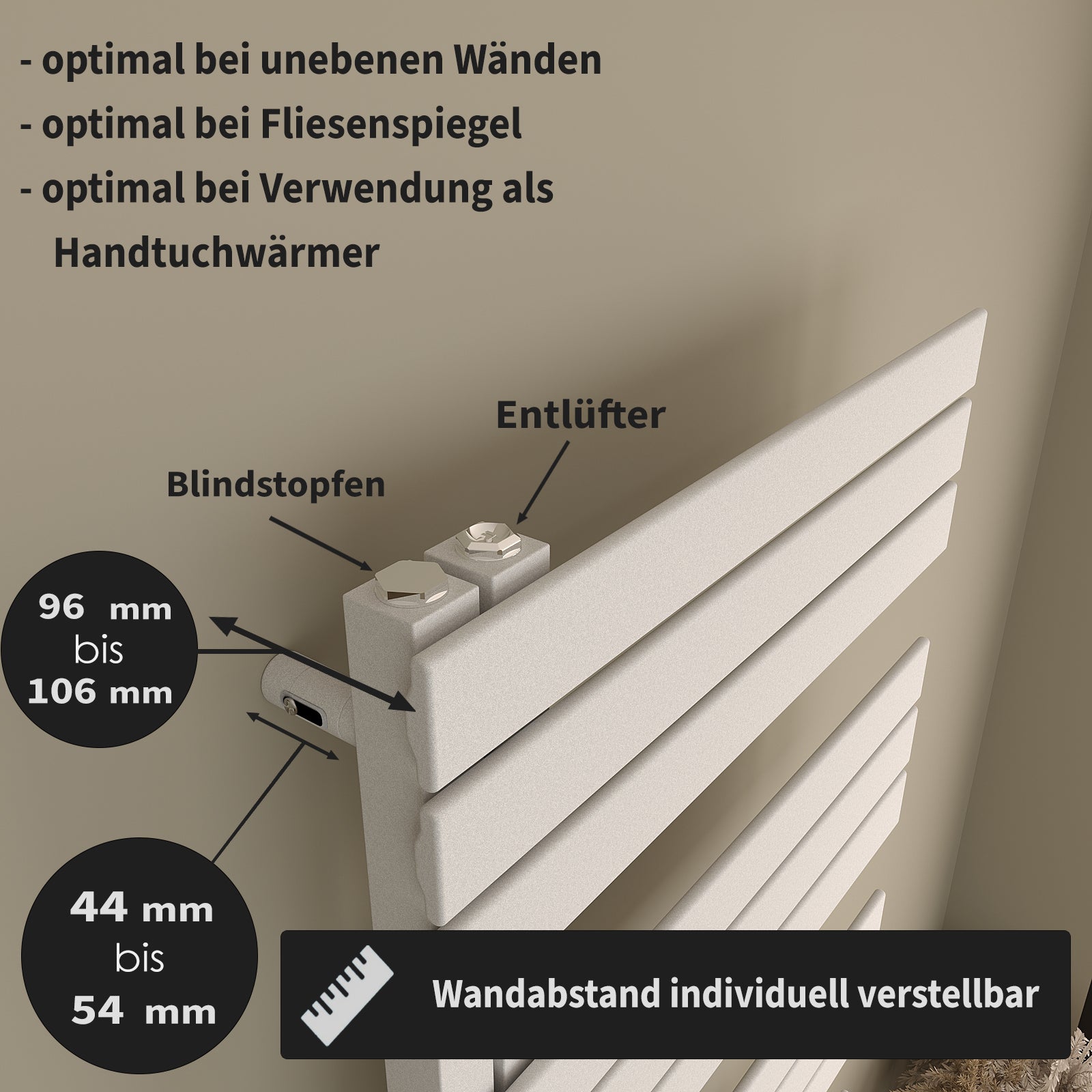 Design-Handtuchheizkörper NOVON, seitlich offen