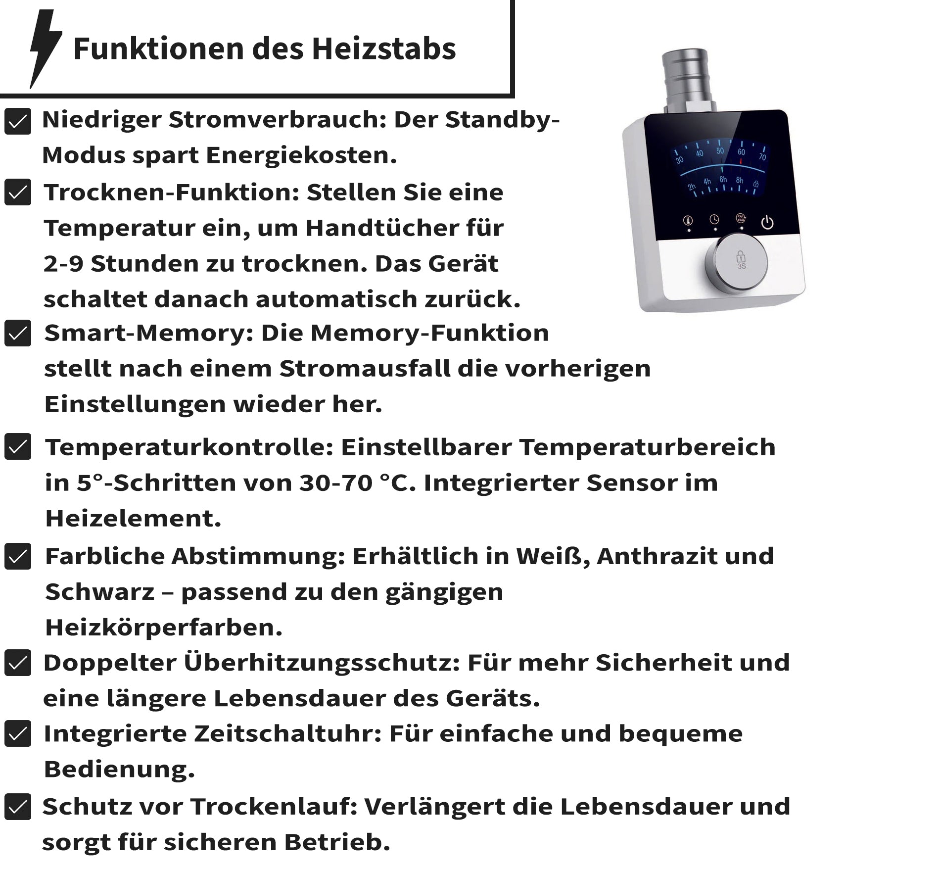 Handtuchheizkörper Elektrisch SOLANO inkl. Heizstab, Weiß