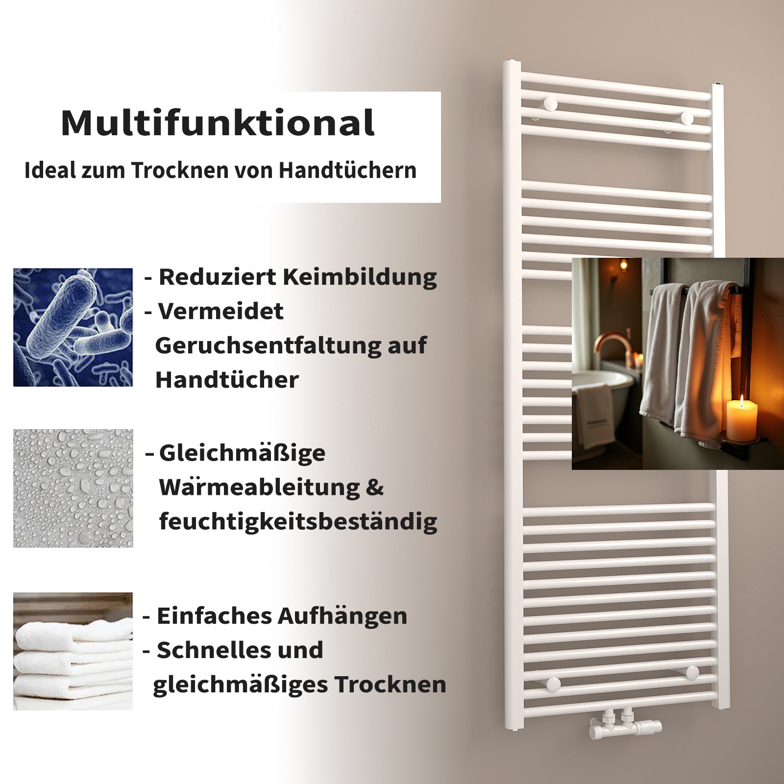 Handtuchheizkörper SOLANO Mittel- und Seitenanschluss